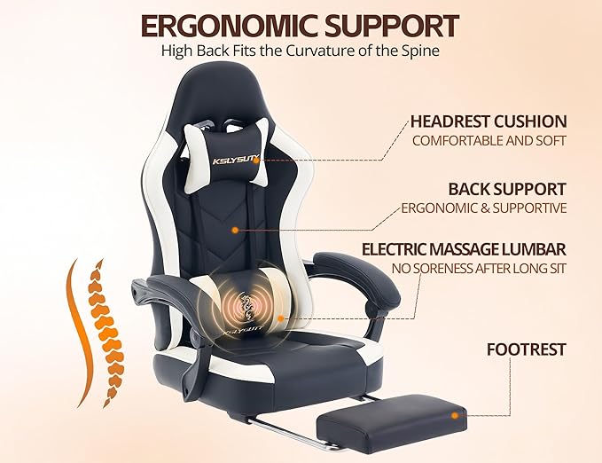 Office Chair Breathable Leather with Pocket Spring Cushion, Wide and High Ergonomic Office Chair with Headrest, Computer Gaming Chair with Footrest for Adult, Black and White
