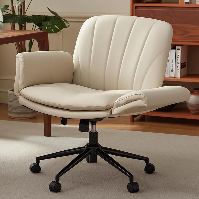 Dowinx Criss Cross Chair with Five-Level Adjustable Arms and Wheels - Comfortable Ergonomic PU Leather Swivel Vanity Chair - Computer Makeup Gaming Chair for Home Office, Bedroom, Vanity Room (Khaki)