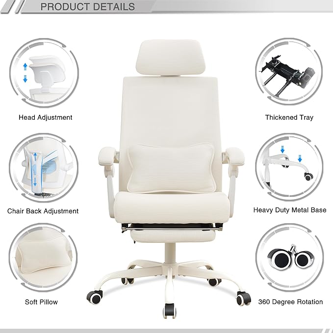 Qulomvs Ergonomic Office Chair with Footrest Home Office Desk Chair with Headrest and Backrest Adjustable Mesh Computer Desk Chair with Wheels 360 Swivel Task Chair