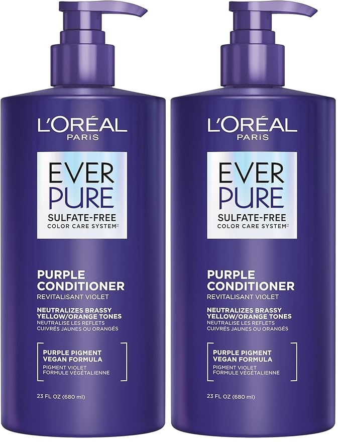 L’Oreal Paris Sulfate Free Brass Toning Purple Conditioner for Blonde,Bleached,Silver,or Brown Highlighted Hair,EverPure,23 Fl Oz (Packaging May Vary),(Pack of 2)