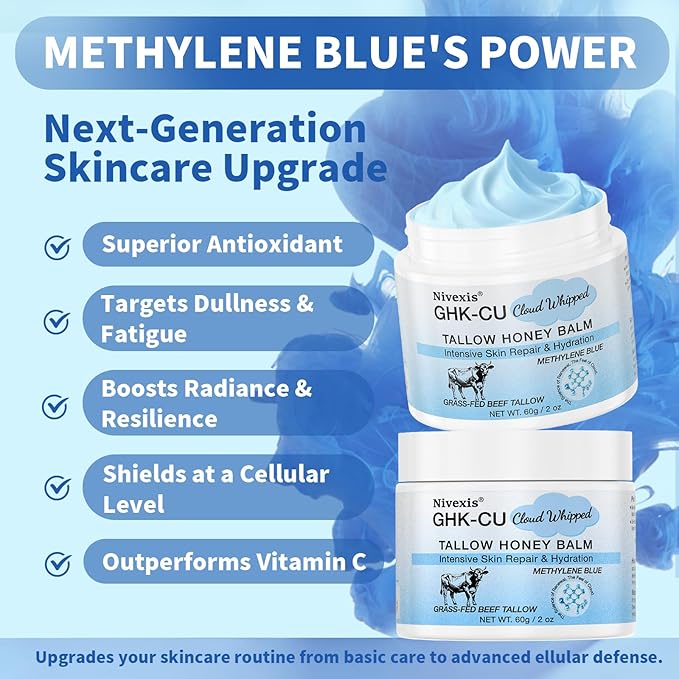 Copper Peptides GHK-Cu Whipped Beef Tallow for Skin, Grass Fed Beef Tallow and Honey Balm for Face & Body, with Methylene Blue Anti-Aging Moisturizer, Suitable for All Skin Types, 2 Oz