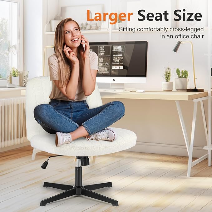 Sweetcrispy Criss Cross Chair Legged, Armless Office Swivel Desk Chair No Wheels, Vanity Height Adjustable Wide Seat Comfy Cute Computer Task Seating for Home Bedroom