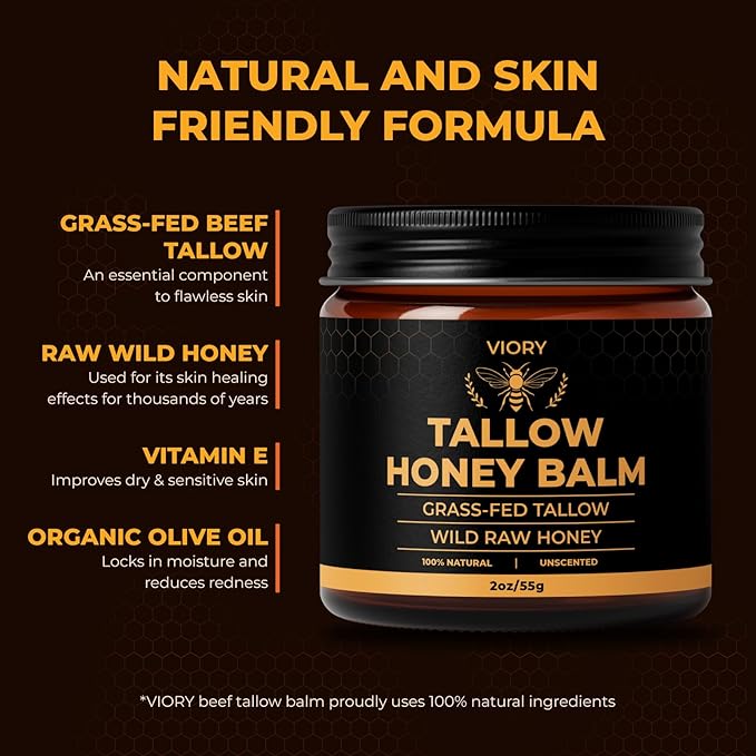 VIORY Tallow and Honey Balm for Face, Beef Tallow for Skin, Moisturizer with 100% Organic Grass-Fed Beef Tallow & Raw Wild Honey - Natural Formula for Dry & Sensitive Skin (Unscented)