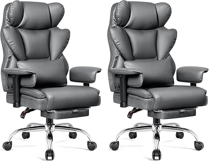 Big and Tall Office Chair - High Back Executive Chair with Footrest & Lumbar Support for Heavy People, Adjustable Arms, Padded Wide Seat Computer Gaming Chair, Gray 2 Pack