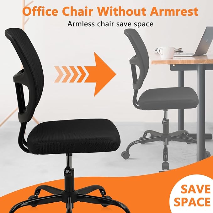 CLATINA Armless Home Office Chair, Small Ergonomic Mesh Back Desk Chair with Lumbar Support and Wheels, Adjustable Height 360° Swivel Rolling Computer Task Chair for Conference Waiting, Black