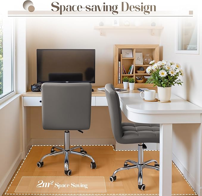 Furmax Vanity Office Chair with Wheels,Makeup PU Leather Executive Chair Modern Adjustable Home Desk Retro Comfortable Work Chair 360 Degree Swivel with Arms (Grey)