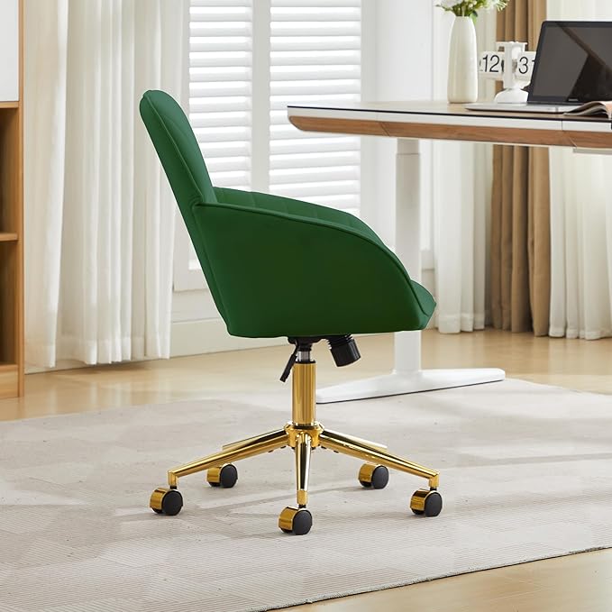 Velvet Home Office Desk Chair, Modern Cute Computer Task Chair with Back, Height Adjustable Upholstered Vanity Chair with Swivel Wheels for Women, Girls (Gold Base, Green