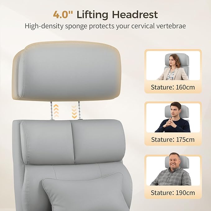 Big and Tall Office Chair 500LBS, Ergonomic High Back Leather Executive Chair, Reclining Swivel with Adjustable Armrests Lumbar Support Footrest, Cross Legged, Light Gray