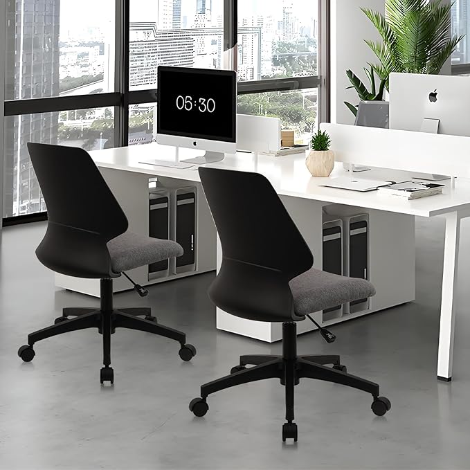 CLATINA Armless Home Office Chair, Ergonomic Small Desk Chair with Wheels and Soft Thick Upholstered Cushion, Comfy Adjustable Height Swivel Computer Task Chair for Conference Waiting, Black, 2Pack