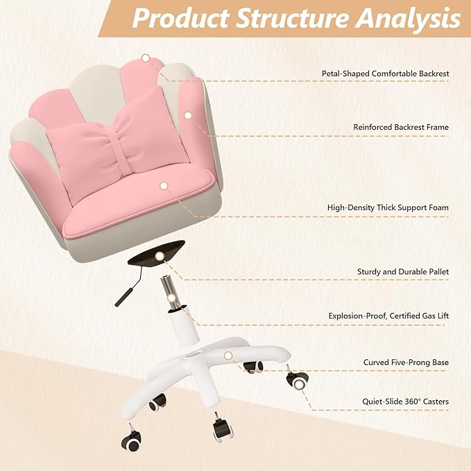 Home Office Desk Chair Swivel Rolling Vanity Chair with Silent Wheels and Comfortable Back, Adjustable Height Upholstered Computer Task Chair for Makeup, Bedroom
