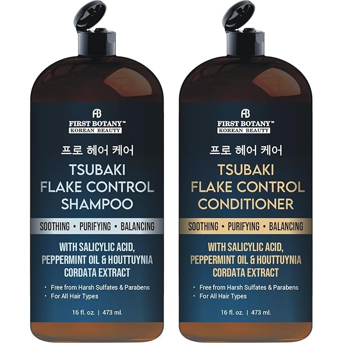 Korean Flake Control Shampoo & Conditioner Set – Fights Hair Loss, Dandruff, Lice & Itchy Scalp, Promotes Hair Growth With Zinc Pyrithione, Salicylic Acid - Free from Harsh Sulfates & Parabens –16 oz