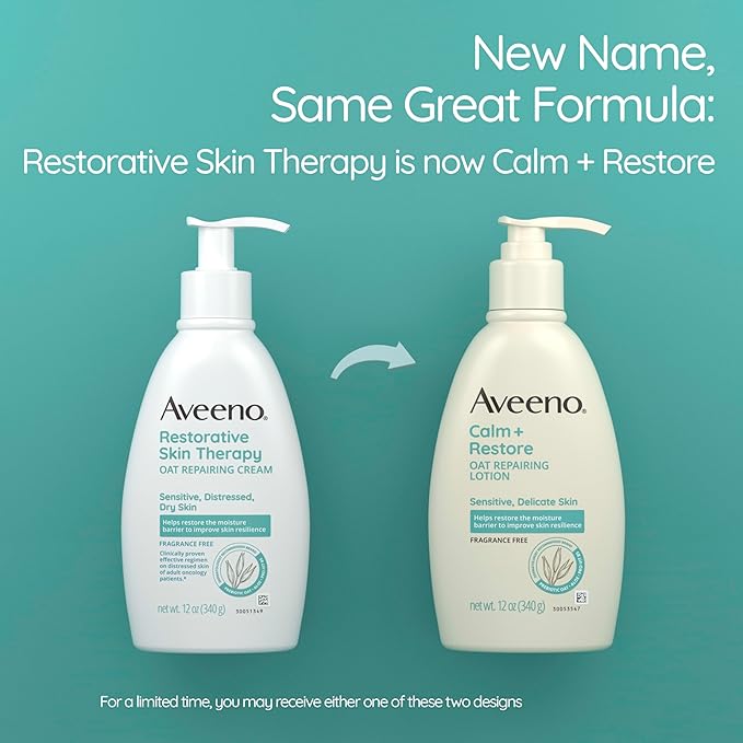 Aveeno Calm + Restore Oat Repairing Body Lotion for Sensitive Skin, Daily Moisturizer with Prebiotic Oat, Aloe & Pro-Vitamin B5, Fragrance Free Body Lotion Helps Heal Dry Skin, 12 oz
