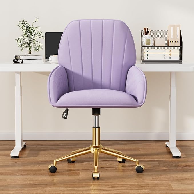 Home Office Desk Chair Comfy with Adjustable Swivel Wheels, Modern Velvet Makeup Vanity Chair with Back & Pillow, Ergonomic Office Chair Computer Task Chair for Living Room, Bedroom, Purple
