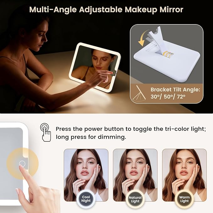 Makeup Bag with LED Lighted Mirror 12.2 IN Cosmetic Train Case Double Layer Makeup Case Adjustable Brightness in 3 Colors Cosmetic Organizer Artist Storage with Brush Holder Vanity Beige