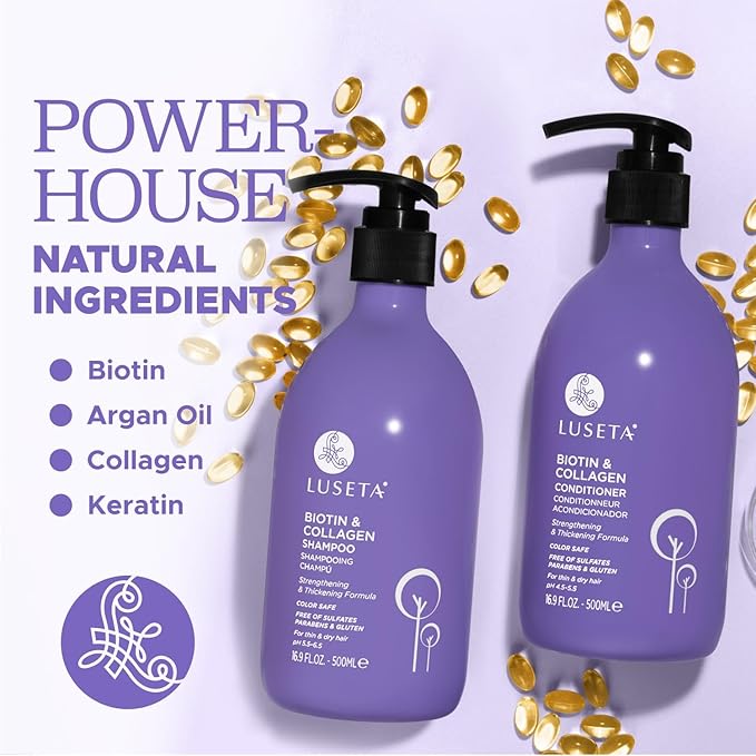 Luseta Biotin & Collagen Shampoo and Conditioner Set for Thinning Hair – Thickening & Strengthening with Argan Oil - Adds Volume, Shine & Manageability Sulfate Free, Paraben Free -16.9 fl oz (2 Pack)