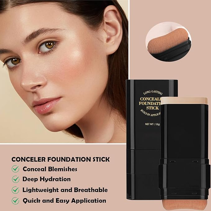 Foundation Stick, 2 in 1 Dual-Ended Long-Lasting Foundation, Concealer Stick with Brush, Full Coverage for Dark Circles & Blemishes, Hydrating Matte Contour Sticks for Face Makeup (01)