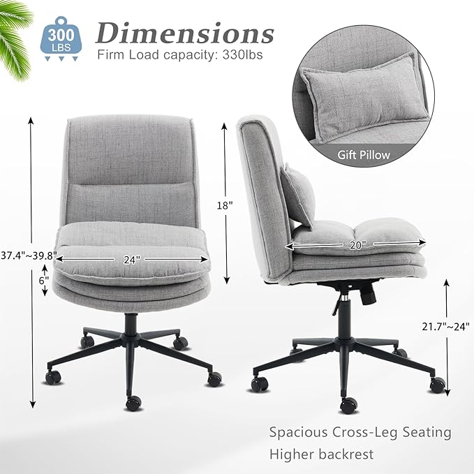 VINGLI Cloud Criss Cross Legged Chair,18" High Back Armless Home Office Desk Chair with Wheels,Wide Adjustable Comfy Padded Seat Task Computer Chair,Modern Swivel Makeup Vanity Chair,Fabric,Grey