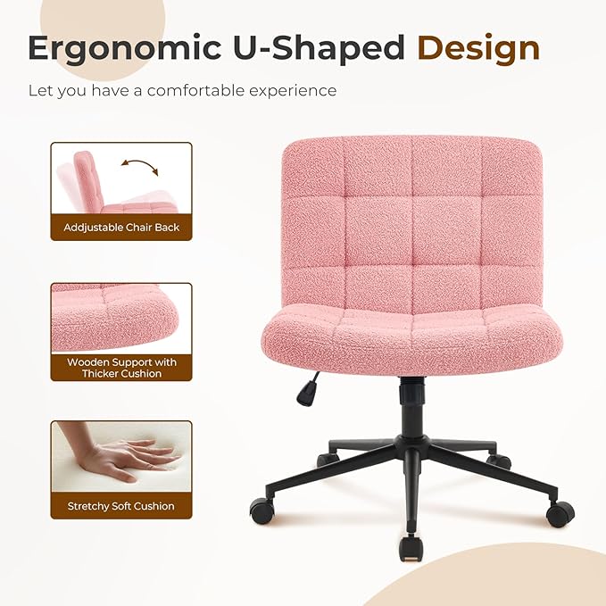 Furnimart Swivel Criss Cross Legged Chair with Wheels for Home Office, Wide Armless Desk Chair Height Adjustable Comfy Seat for Desk,Vanity, Bedroom, Faux Fur Pink