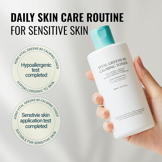 ASNO Vital Greens Calming Toner 300ml - Genderless Vegan Soothing Care for Acne, Pimple, Redness, Sensitive Skin, Superfood 80% + Ceramide, Hydrating Daily Facial Toner, Korean Skin Care