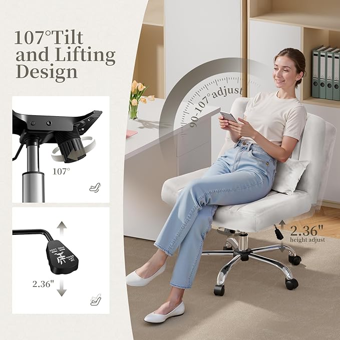 Warmiehomy Velvet Office Chair, Luxury Criss Cross Chair with Wheels, Comfy Cross Legged Desk Chair for Home Office, Stylish Vanity Chair, Wide Seat Computer Chair, Best Gift for Girls, White