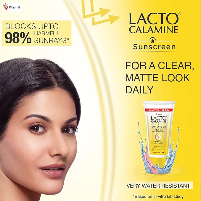 24 Karat Lacto Calamine Sunshield Matte Look Sunscreen SPF50 PA+++ for Oily or Acne Prone Skin, Very Water Resistant, Paraben & Sulphate Free, 50g