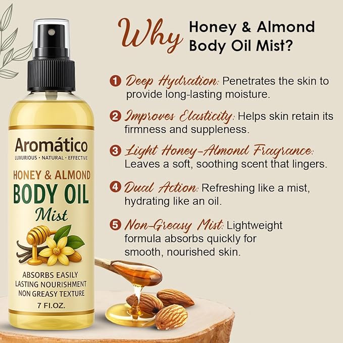 Honey & Almond Body Oil Mist for Women – 7 fl oz | Lightweight, Non-Sticky, Spray-on formula for Daily use After Shower | Moisturized, Soft, Glowing Skin | Cozy Honey & Almond Scent