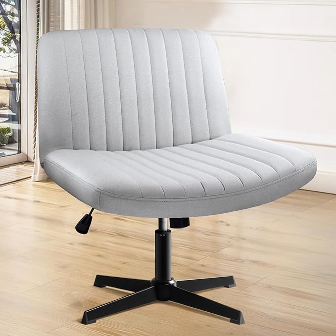 Criss Cross Chair, Armless Cross Legged Office Vanity Chair, Comfortable Fabric Wide Swivel Criss Cross Desk Chair for Home Office, Height Adjustable Vanity Criss Cross Chair with Back, Grey