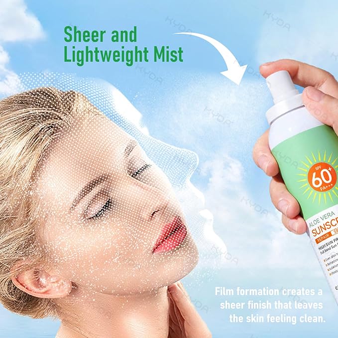 KYDA Aloe Sunscreen Spray SPF 60 PA+++, Moisturizing Suncreen with Skincare Formula, Water Resistant, Non-Greasy UV Protection for Face & Body, 5.07 fl oz