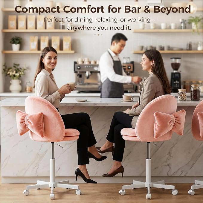 GTPOFFICE Vanity Chair with Back, Adjustable Tall Office Chair High Swivel Bar Stools Fluffy Cute Desk Chair Comfy with Wheels Bow Pillow Armlees for Adults Standing Desk Bar, Soft Velvet, Pink