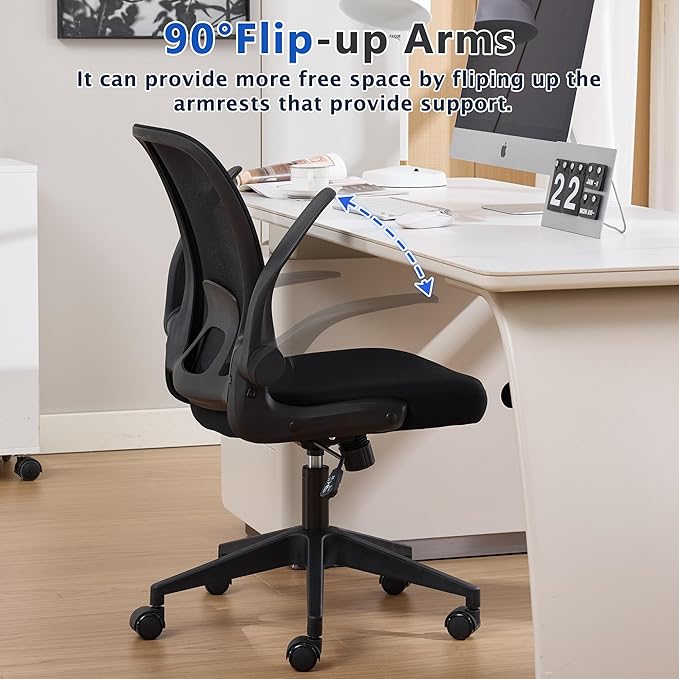 IPKIG Foldable Office Chair for Small Spaces | Home Office Folding Desk Chairs with Wheels and Flip Up Arms | Ergonomic Mesh Computer Chair for Adults & Kids(2PCS Black)