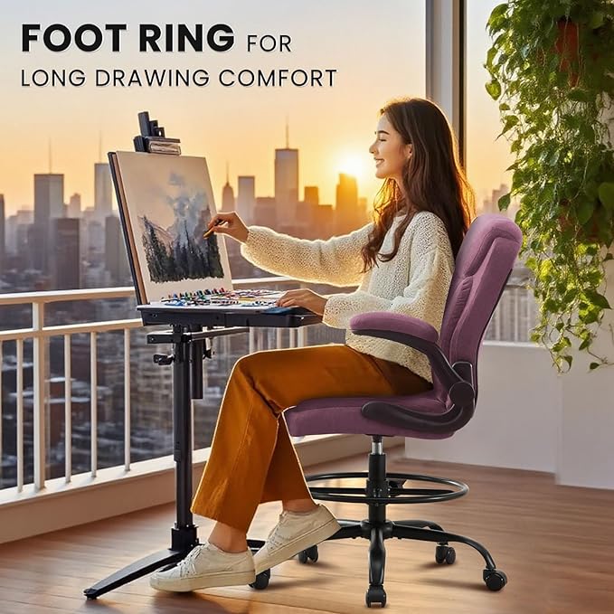 Drafting Chair for Standing Desk – Tall Office Chair with Adjustable Height & Foot Ring, Flip-Up Arms, Lumbar Support – Comfortable Fabric Seat, Ideal Home Desk Chair
