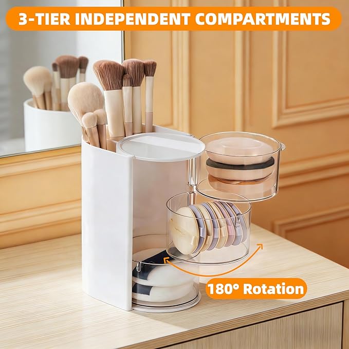 3-Layer Rotating Makeup & Jewelry Organizer with Hair Brush Holder, Vanity Organizer for Earrings, Necklaces, Rings, Bracelets, Hair Clips and Makeup Brushes (White)