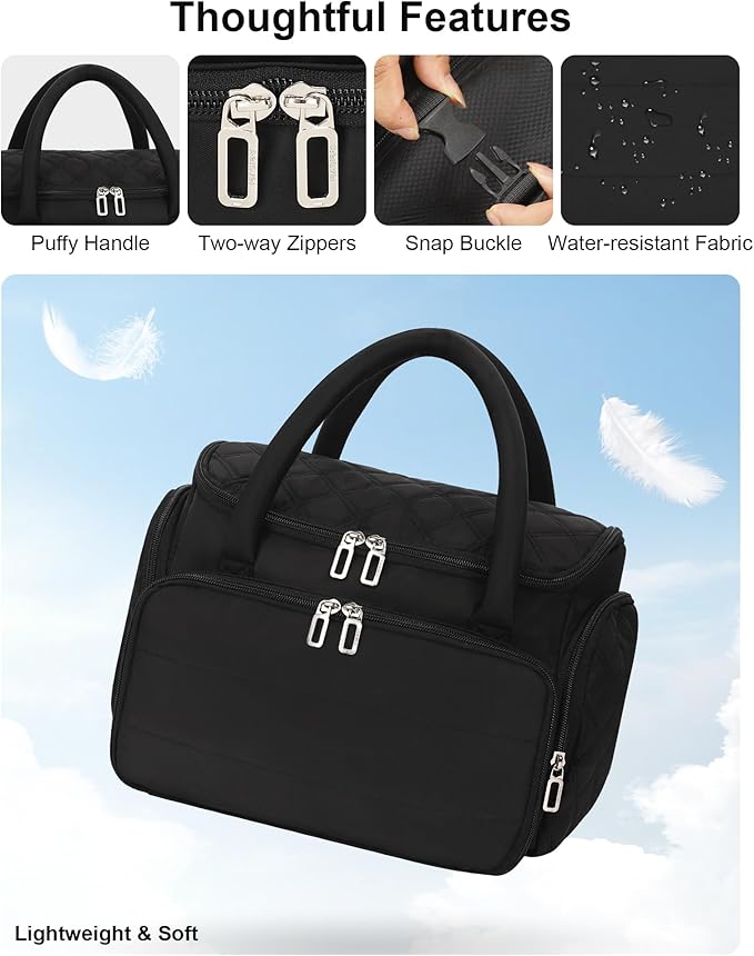 Hanging Toiletry Bag for Women - Travel Makeup Organizer with Brush Compartment, Portable Toiletry Bag with Removable Dividers for Full-size Container, Lightweight Cosmetic Case for Trip - Black