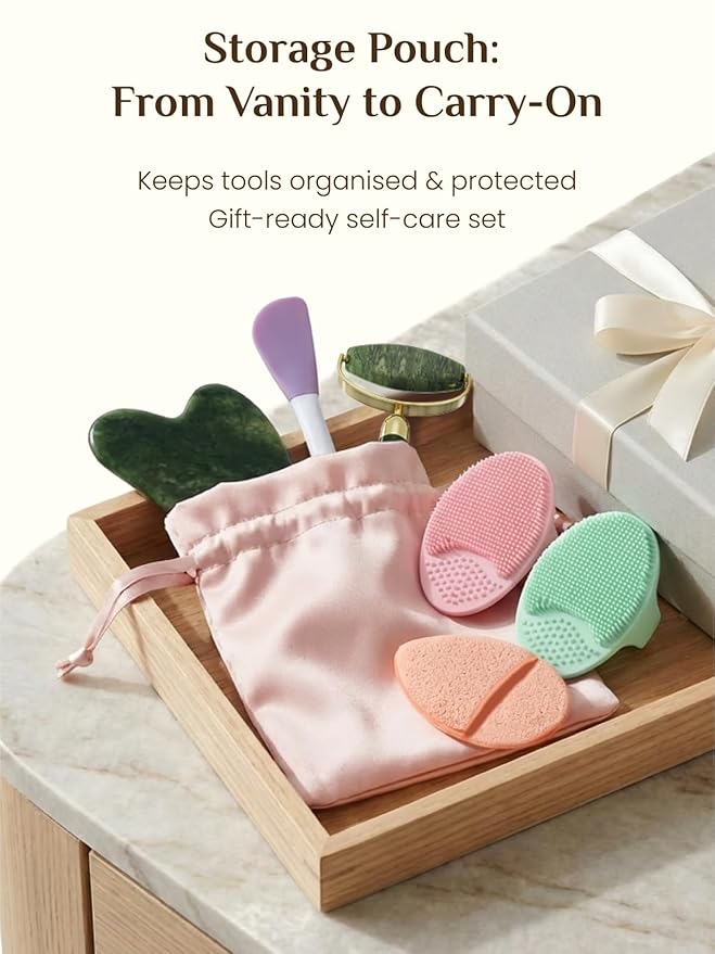 Rena Chris Gua Sha and Face Roller Set - 7 in 1 Face Skin Care Tools with Facial Cleansing Brush, 2 Silicone Scrubber Pads & Face Sponge, Travel Bag, Beauty Gift for Women