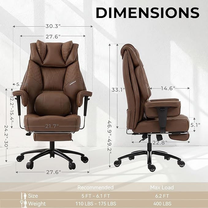 Dowinx Big and Tall Office Chair with Massage Lumbar Support,Executive Office Chair with Wide Thick Seat Cushion and Adjustable Armrest,Computer Gaming Chairs with Footrest (Brown,PU Leather)