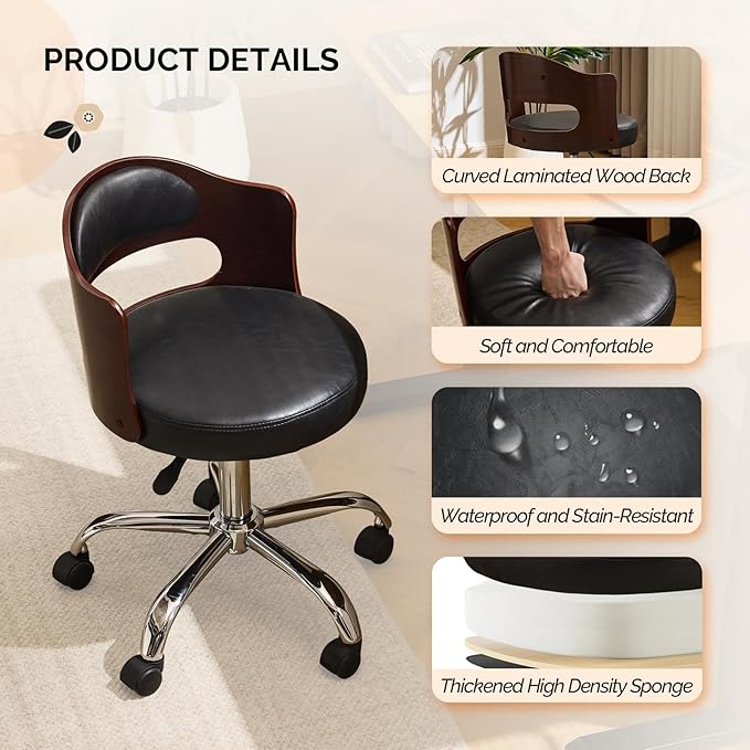 VINGLI Armless Home Office Desk Chair, Adjustable Swivel Chair,Dual-Use with/no Wheels,Small Retro Designed Walnut Curved Task Chair,Cushioned Nail Tech Chair for Study Area,Workspace,PU,Black