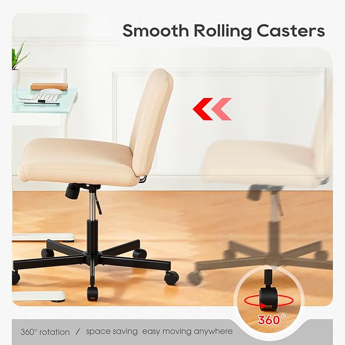 PayLessHere Criss Cross Chair Wide, Armless Office Desk Chair,Backrest Vanity Chair with Wheels 360 Swivel, Height Adjustable for Home Office, Home Office Beige