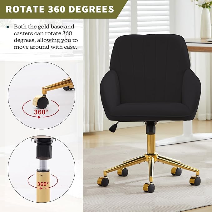 Velvet Home Office Desk Chair, Modern Cute Computer Task Chair with Back, Height Adjustable Upholstered Vanity Chair with Swivel Wheels for Women, Girls (Gold Base, Black