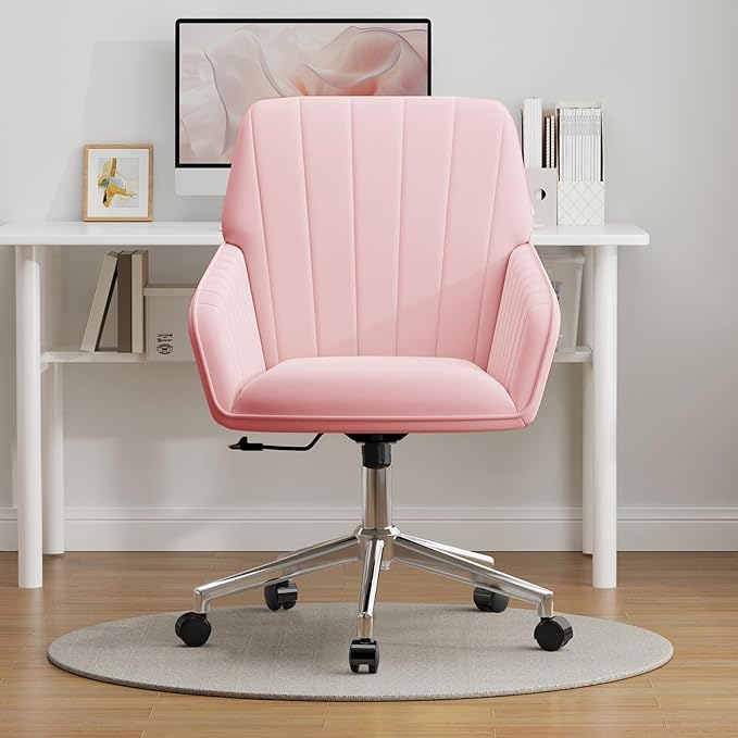 YISHENG Velvet Office Desk Chair with Silver Base, with Wheels,Modern Height Adjustable 360 Degree Swivel Upholstered Vanity Chairs with Arms for Living Room Bedroom,Pink