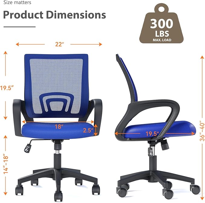 Home Office Chairs, Ergonomic Mid-Back Mesh Desk Chairs with Lumbar Support, Adjustable Swivel Rolling Design, Comfy Armrest for Work, Study, Gaming, Vanity, Navy Blue, 2 Pack