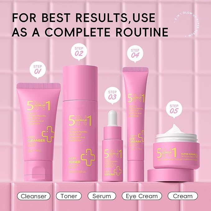 Glow Skincare Set - 5-in-1 Radiant Routine with Vitamin C & Hyaluronic Acid, Hydrating Travel-Friendly Skincare Kit for All Skin Types, Cream Serum Cleanser Eye Cream Toner