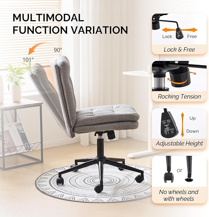 VINGLI Mid Back Armless Office Desk Chair with Wheels/no Wheels,360°Rocking Swivel Vanity Chair with Thickened Cushion,Adjustable Height Rolling for Reading Room, Make up, Linen Dark Grey
