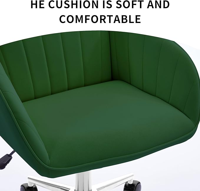 Velvet Home Office Desk Chair, Modern Cute Computer Task Chair with Back, Height Adjustable Upholstered Vanity Chair with Swivel Wheels for Women, Girls (Silver Base, Green