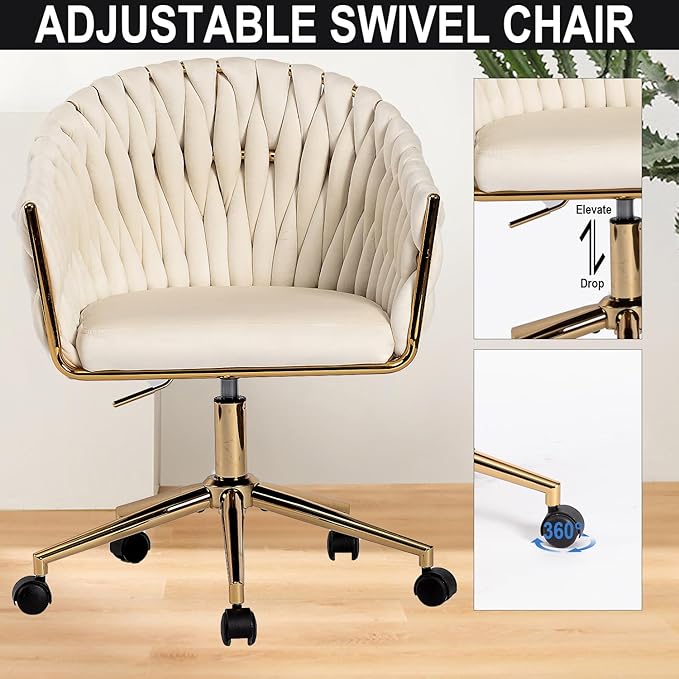 Velvet Office Chair with Hand Woven, Beige Vanity Desk Chairs with Golden Wheels, 360° Swivel Home Office Desk Chair Computer Chairs, Accent Chair Makeup Chair for Bedroom, Living Room(Beige)