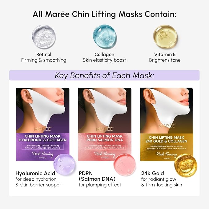 MAREE V Line Lifting Mask with 24K Gold – Deep Collagen Face Mask for Women – Jawline Shaper Mask with Retinol & Hyaluronic Acid – Neck Tightening & Firming – Double Chin Strap for Face Lift