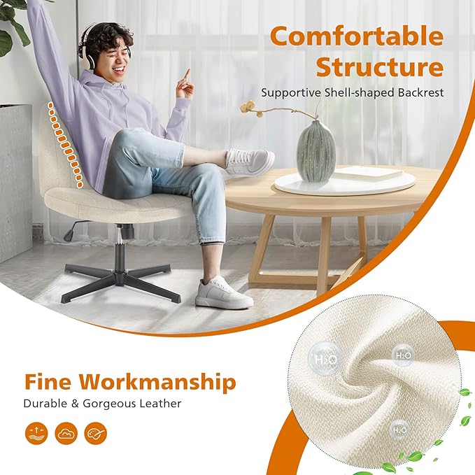 Sweetcrispy Criss Cross Chair Legged, Armless Office Swivel Desk Chair No Wheels, Vanity Height Adjustable Wide Seat Comfy Cute Computer Task Seating for Home Bedroom