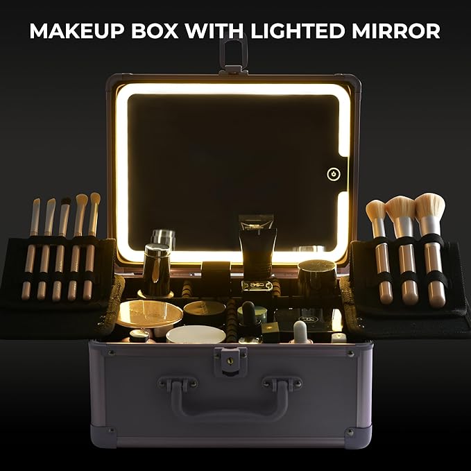 Makeup Case with Lighted Mirror, Makeup Box Organizer with Detachable LED Mirror, Travel Makeup Train Case, Waterproof Cosmetic Organizer, Standing Brush Holder, Gift, Purple