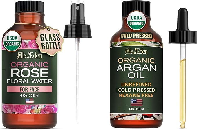Ella & Eden Organic Rose Water Spray for Face & Organic Argan Oil for Hair & Skin | USDA Certified, Unrefined, 100% Pure, Hexane-Free, 4oz