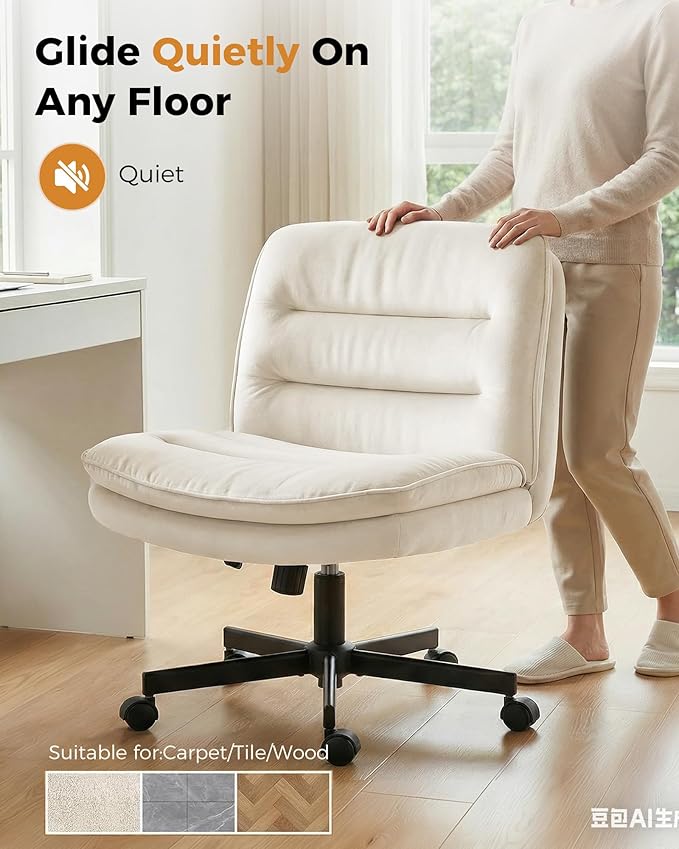 COMHOMA Cross Legged Office Chair with Wheels Armless-Office Desk Chair, Modern Vanity Computer Task Chairs for Home Bedroom, Comfortable Wide Seat for Lower Back Pain Relief, Soft Velvet, Beige