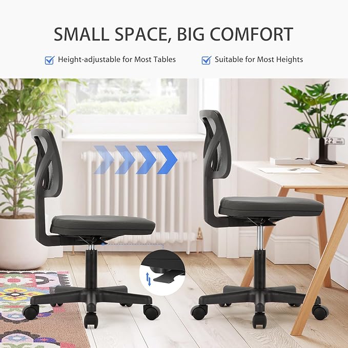 NEWBULIG Home Office Desk Chair, Armless Ergonomic Swivel Computer Chair with Wheels, Adjustable Height and Low-Back Mesh Design, Rolling Chair with Lumbar Support and Comfortable Seat, Black